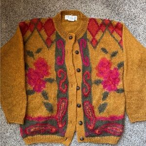 Vintage Studio Michelle Stuart Floral Patterned Mustard Cardigan Sweater